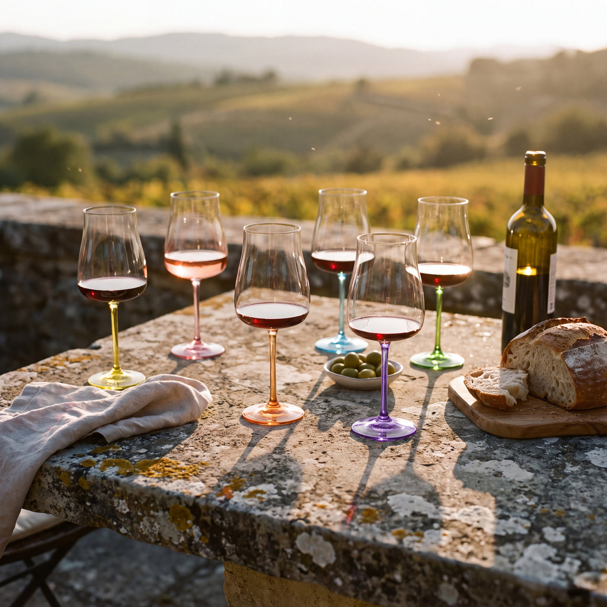 Six Poppy wine glasses with coloured stems holding red and rose wine on a stone terrace table at sunset