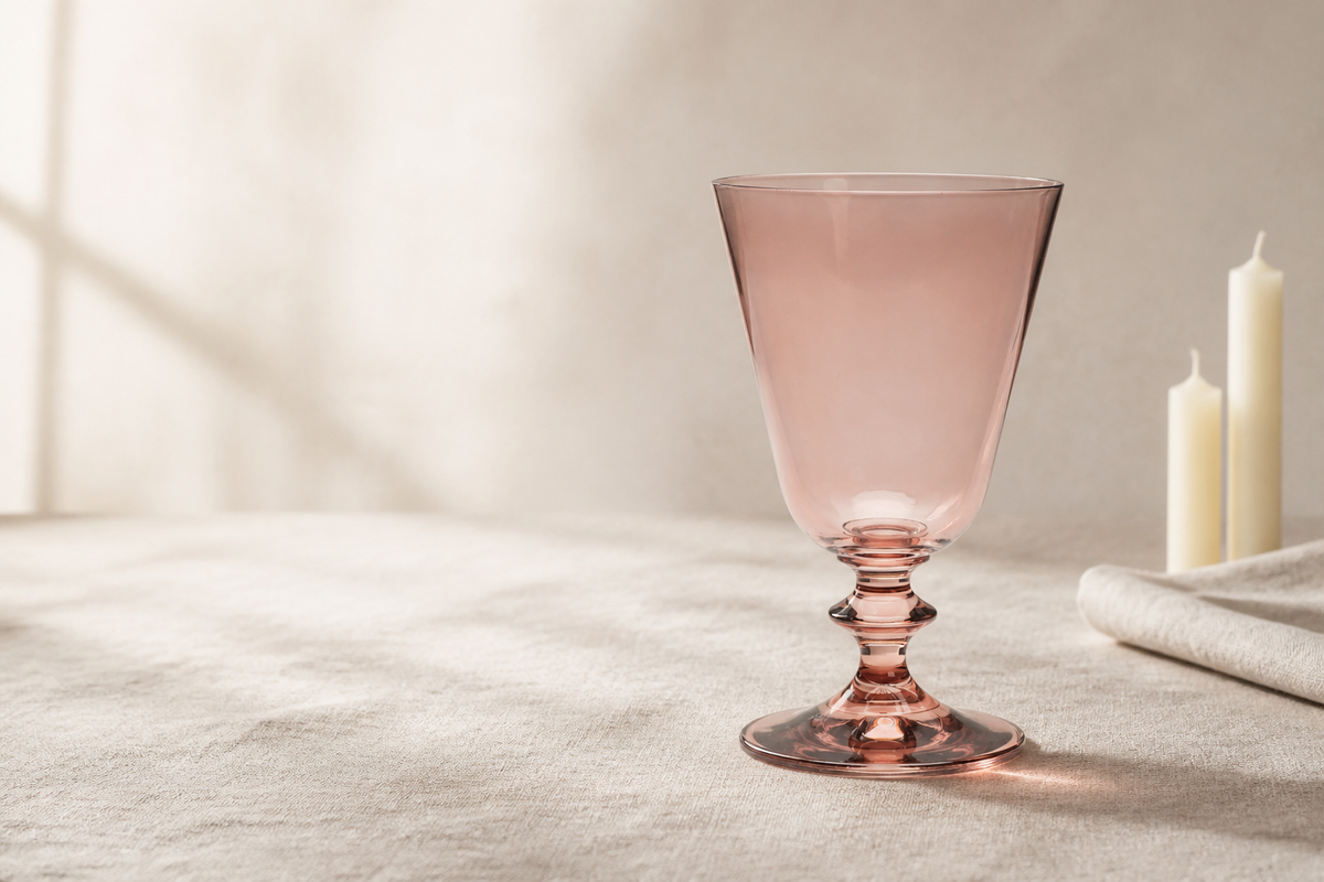 Pontil wine glass in Madder, a dusty rose crystal tinted through the whole bowl, on linen in soft daylight