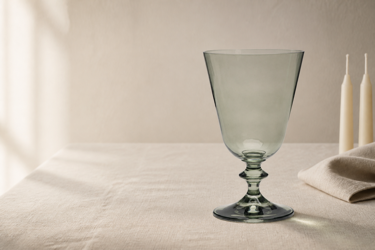 Pontil wine glass in Verdigris, a soft sage-green crystal, on linen with figs and candles