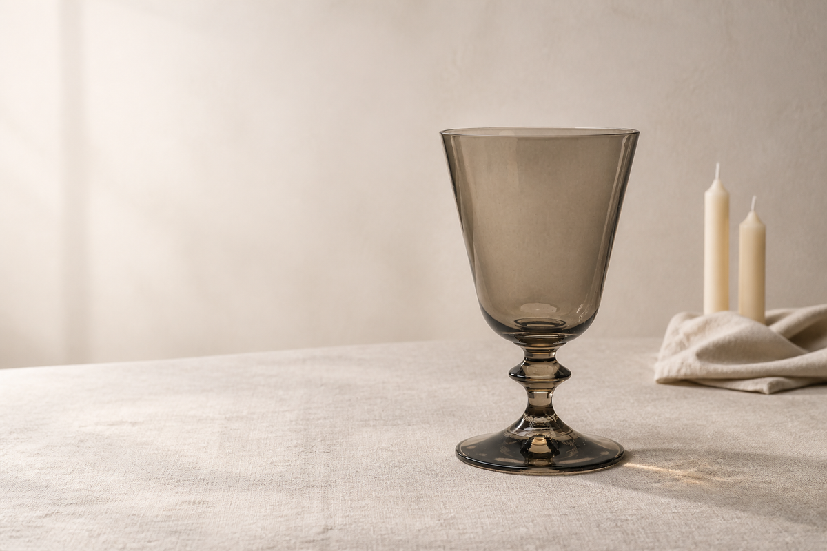 Pontil wine glass in Umber, a warm smoke-brown crystal, on a linen tablecloth