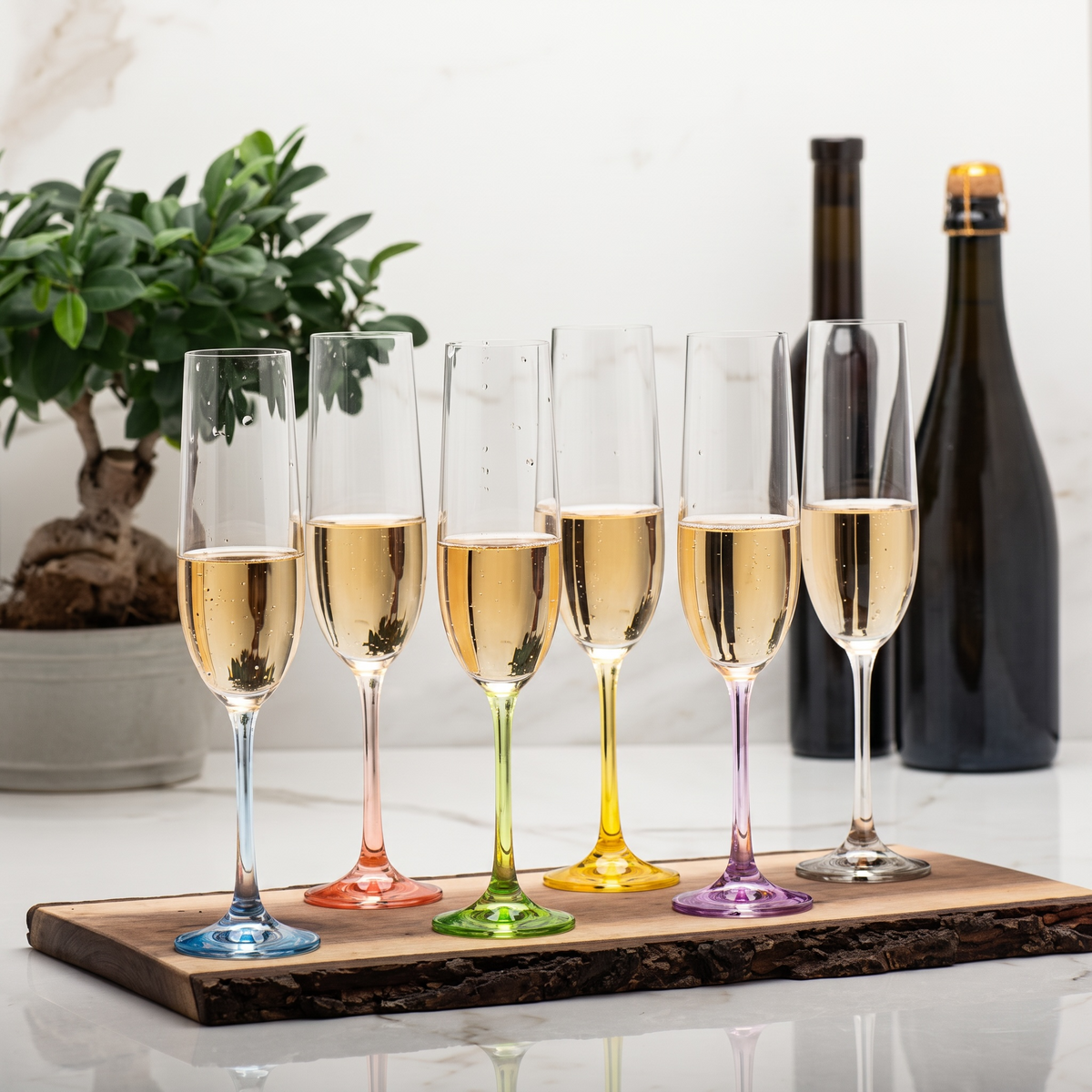 Iris Handblown Crystal Champagne Flutes — Six Tints, Set of 6