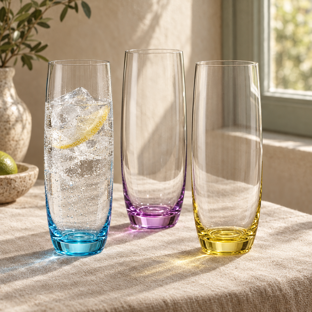 Three Iris highballs in Cerulean, Mauve and Citrine on oat linen by a window