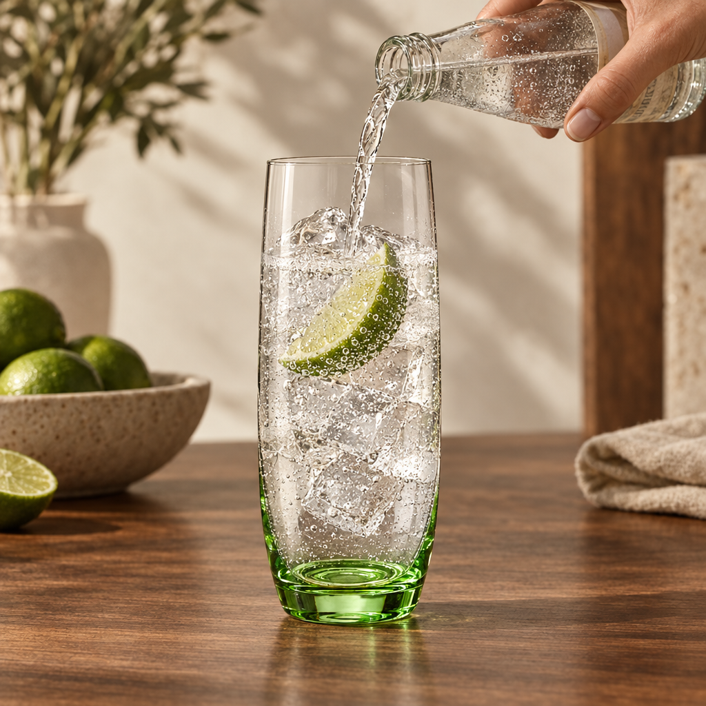 Tonic poured into a Malachite Iris highball with ice and lime