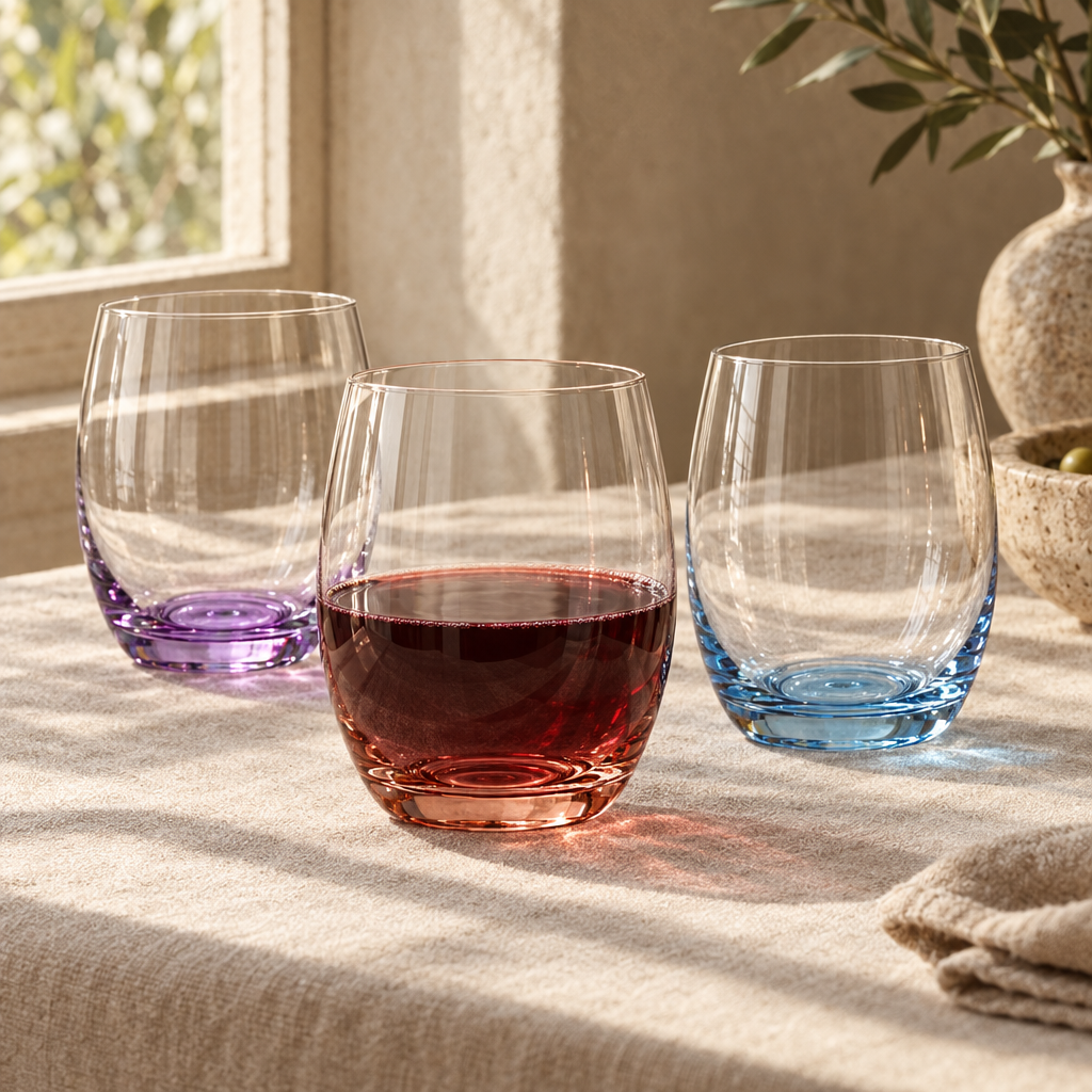 Iris stemless wine glasses: window light