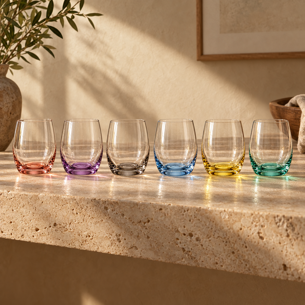 Iris stemless wine glasses: the set