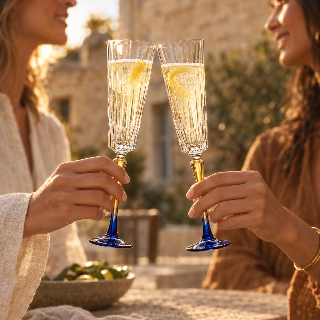 Vesper champagne flutes: courtyard toast