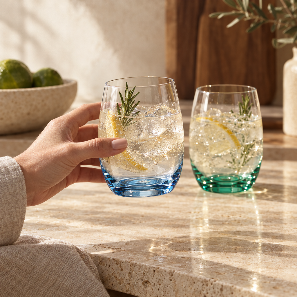 Iris stemless wine glasses: kitchen morning