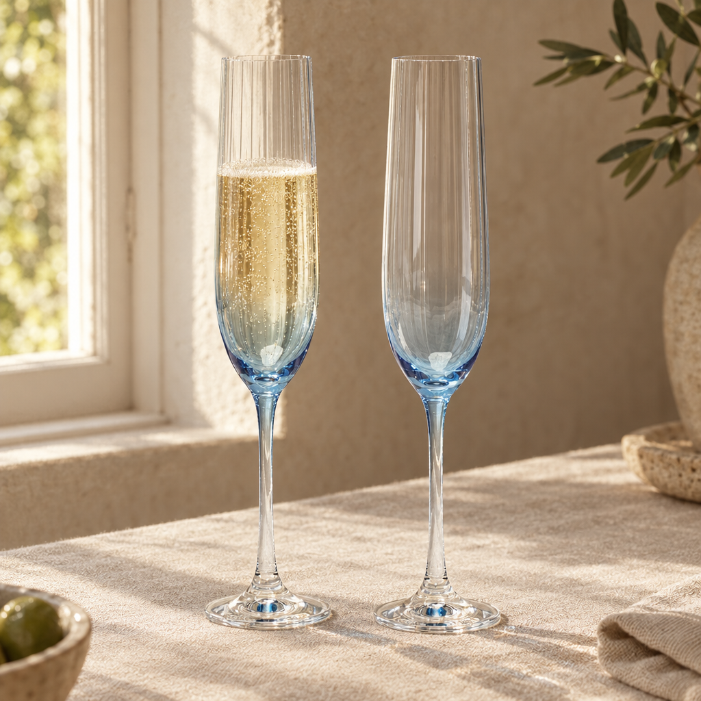 Lume reeded champagne flutes: window light