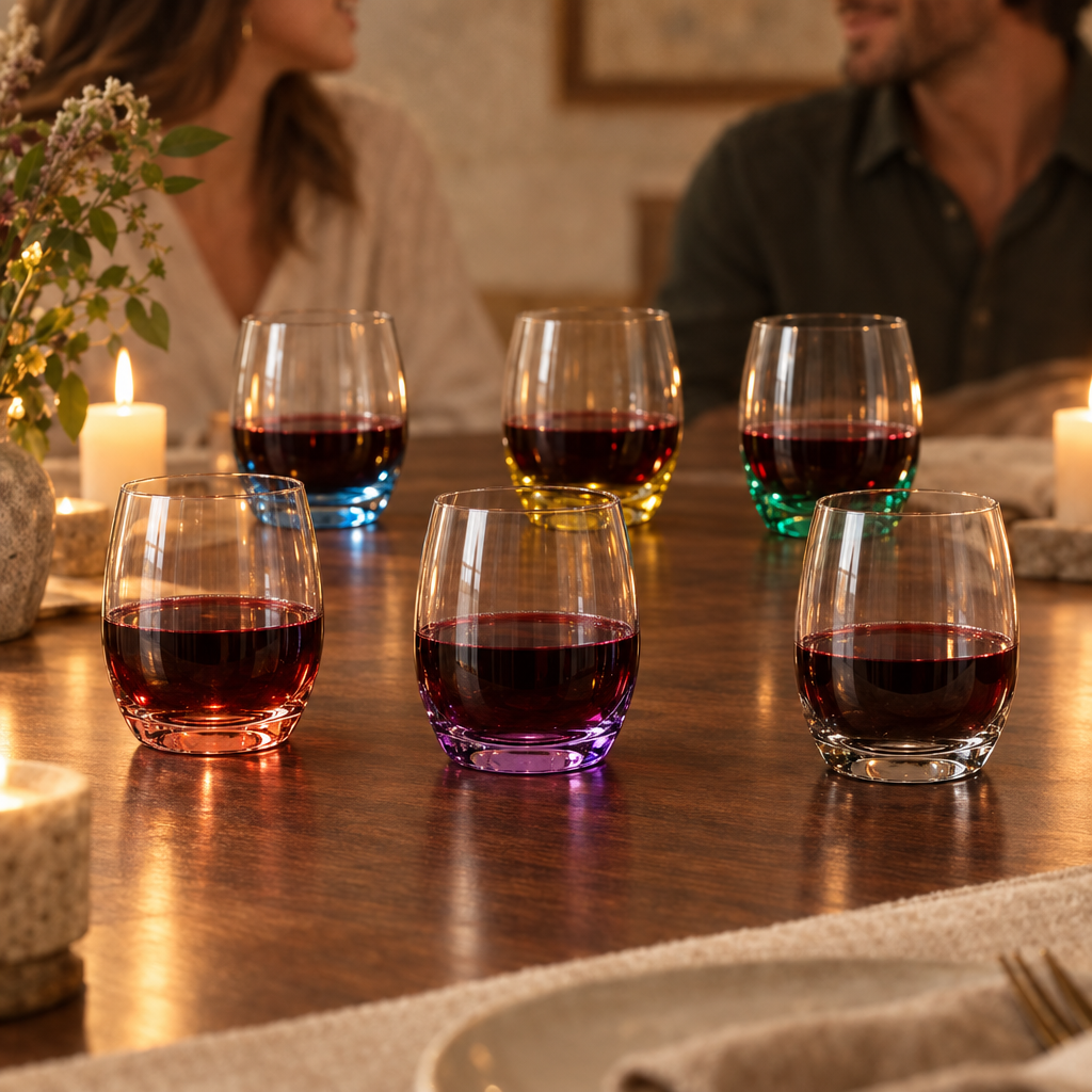 Iris stemless wine glasses: dinner for six