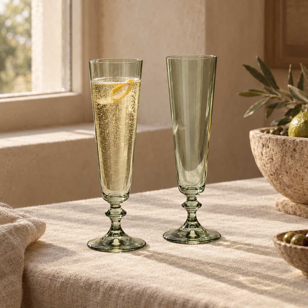Pontil champagne flutes: window verdigris