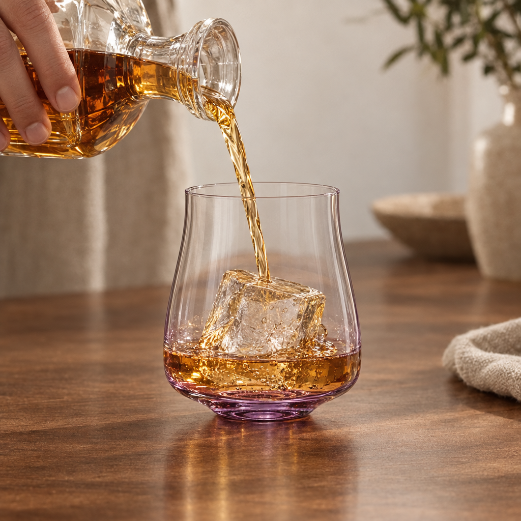 Whisky poured over a large ice cube into a Mauve Poppy old fashioned tumbler