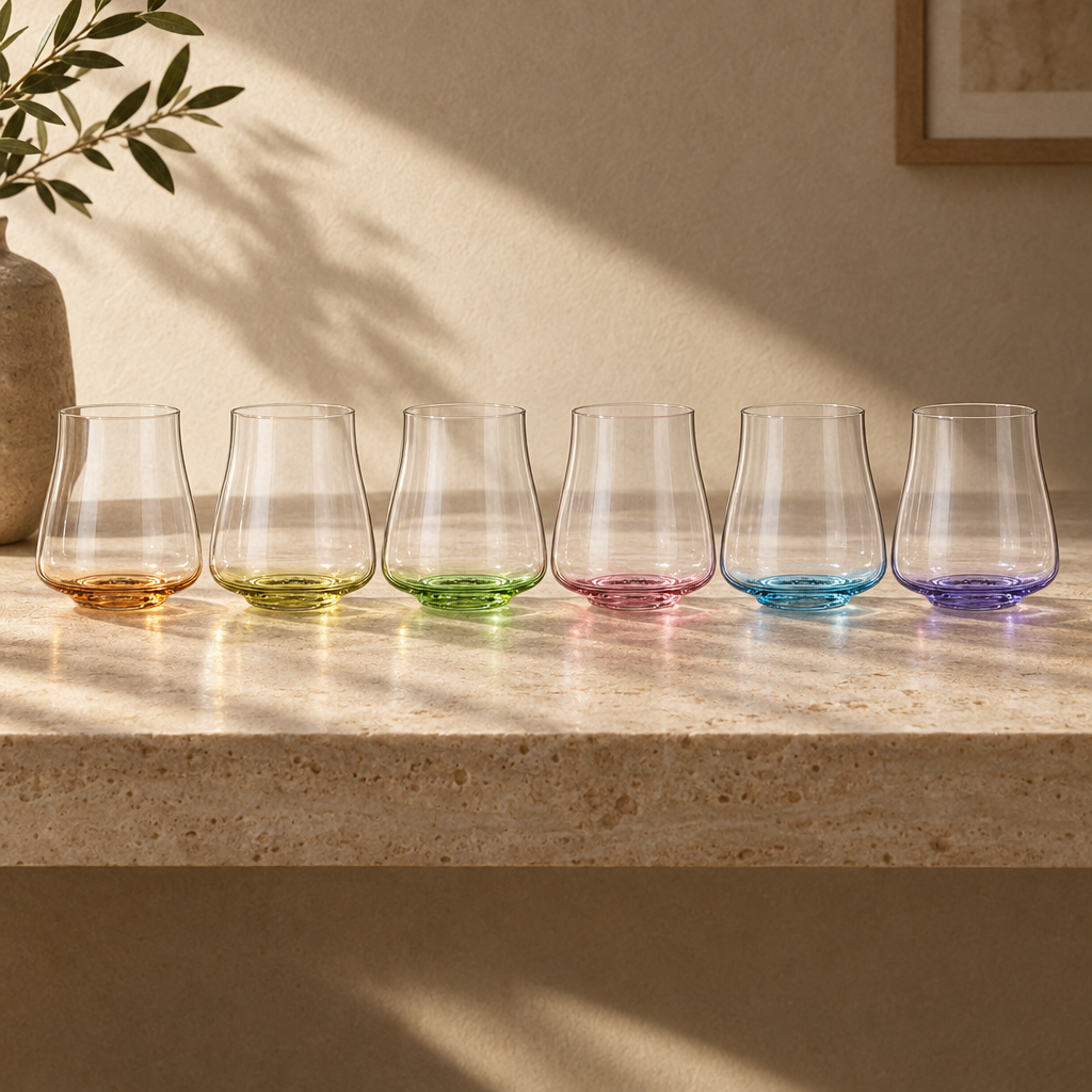 All six Poppy old fashioned tumblers in a row on a travertine shelf: Sienna, Olivine, Malachite, Carmine, Cerulean, Mauve