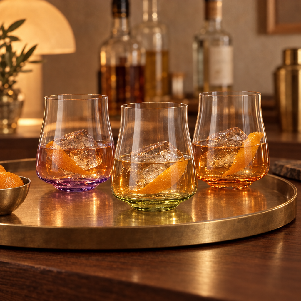 Three Poppy tumblers with old fashioned cocktails on a brass tray at a home bar