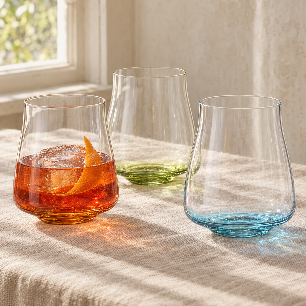 Three Poppy old fashioned tumblers in Sienna, Malachite and Cerulean on linen by a window, one with a negroni