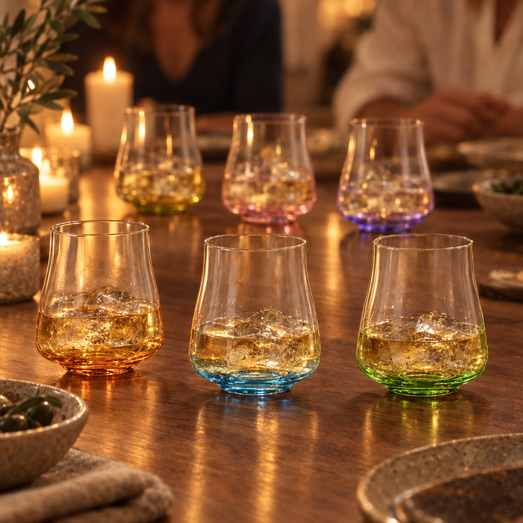 Six Poppy old fashioned tumblers, one of each tint, with whisky on a candlelit dinner table