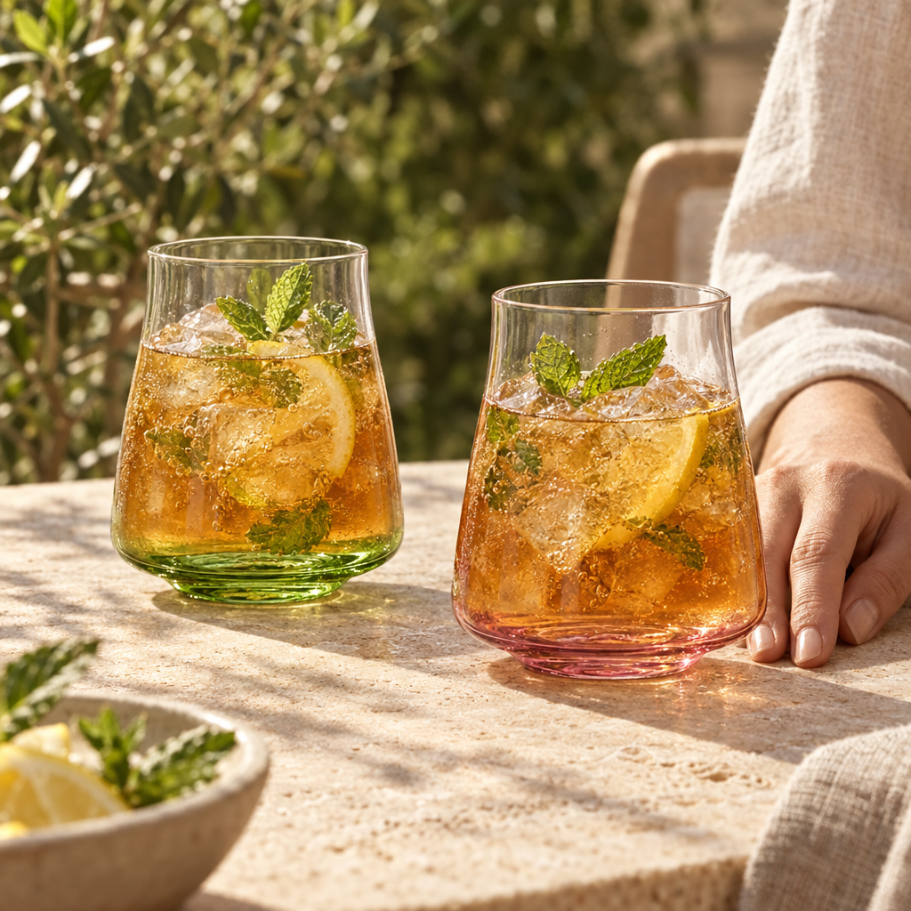 Malachite and Carmine Poppy tumblers of iced tea with lemon and mint on a sunny terrace