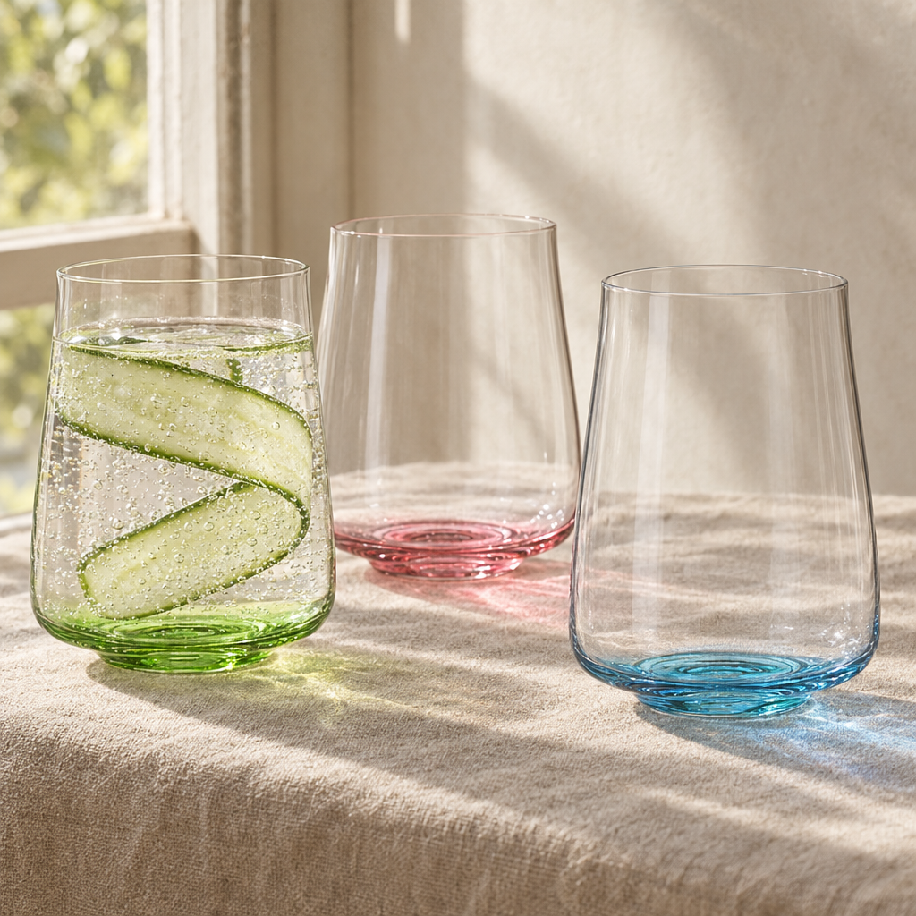 Three Poppy highball glasses in Malachite, Carmine and Cerulean on linen by a window, one with sparkling water and cucumber