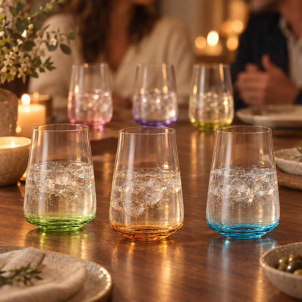 Six Poppy highball glasses, one of each tint, with iced water on a candlelit dinner table