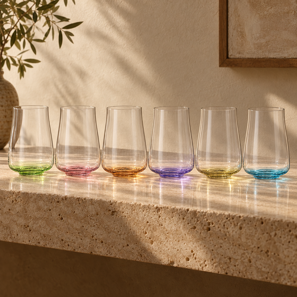 All six Poppy highball glasses in a row on a travertine shelf: Malachite, Carmine, Sienna, Mauve, Olivine, Cerulean