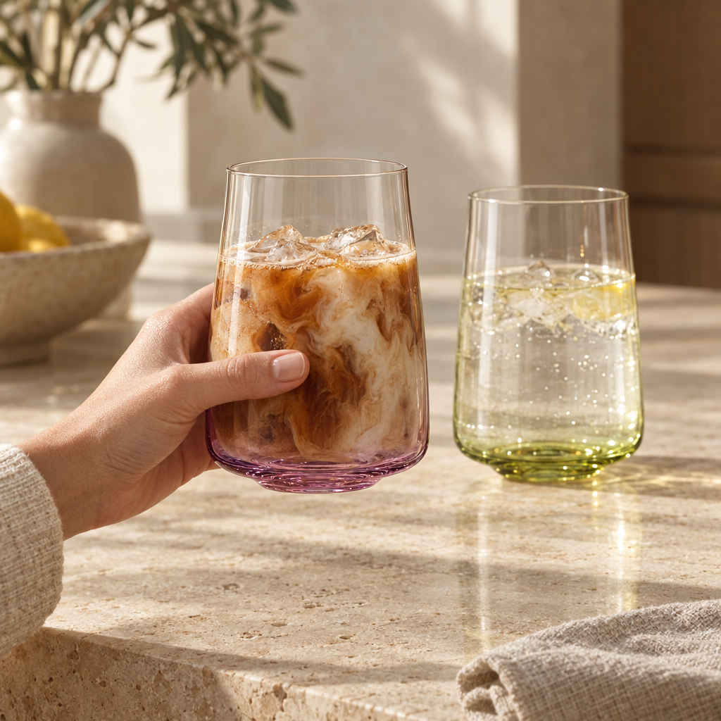 Hand lifting a Mauve Poppy highball of iced coffee, an Olivine highball of water behind