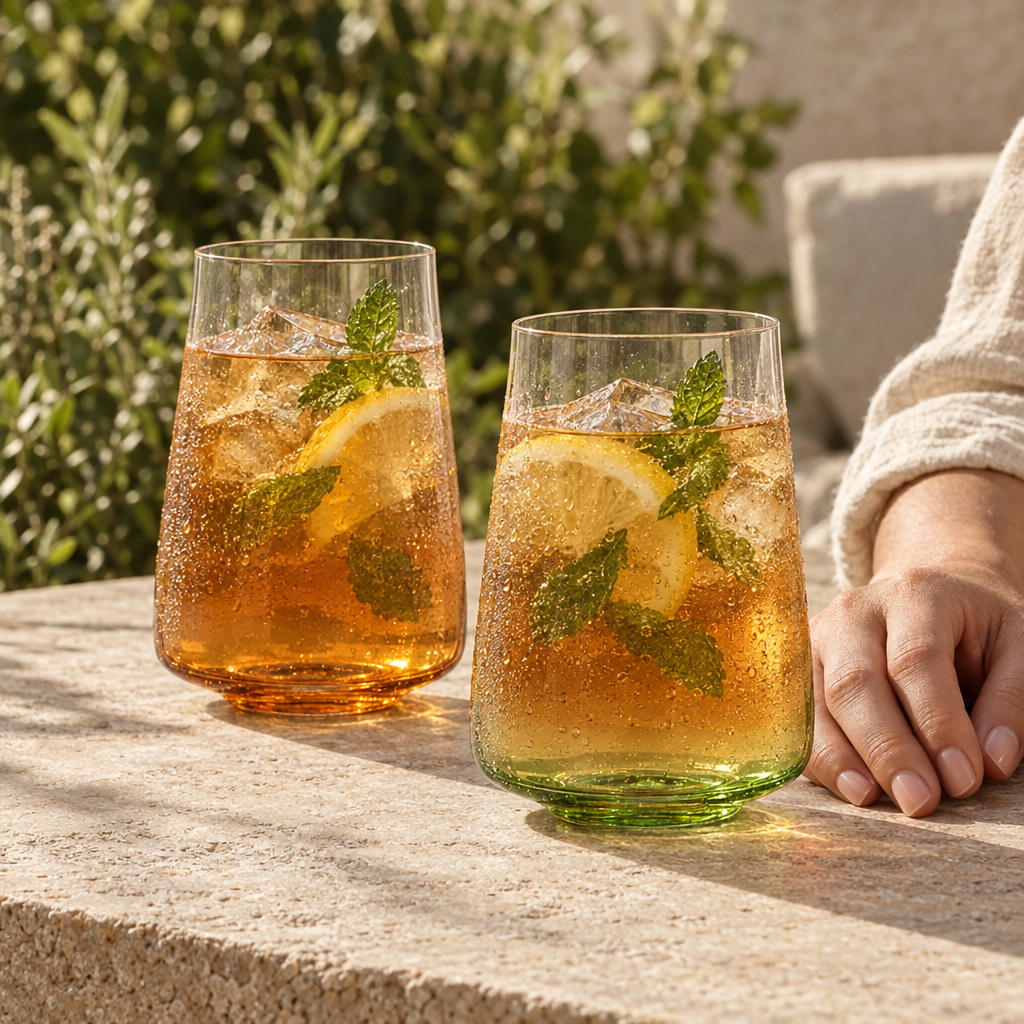 Sienna and Malachite Poppy highball glasses of iced tea with lemon and mint on a sunny terrace