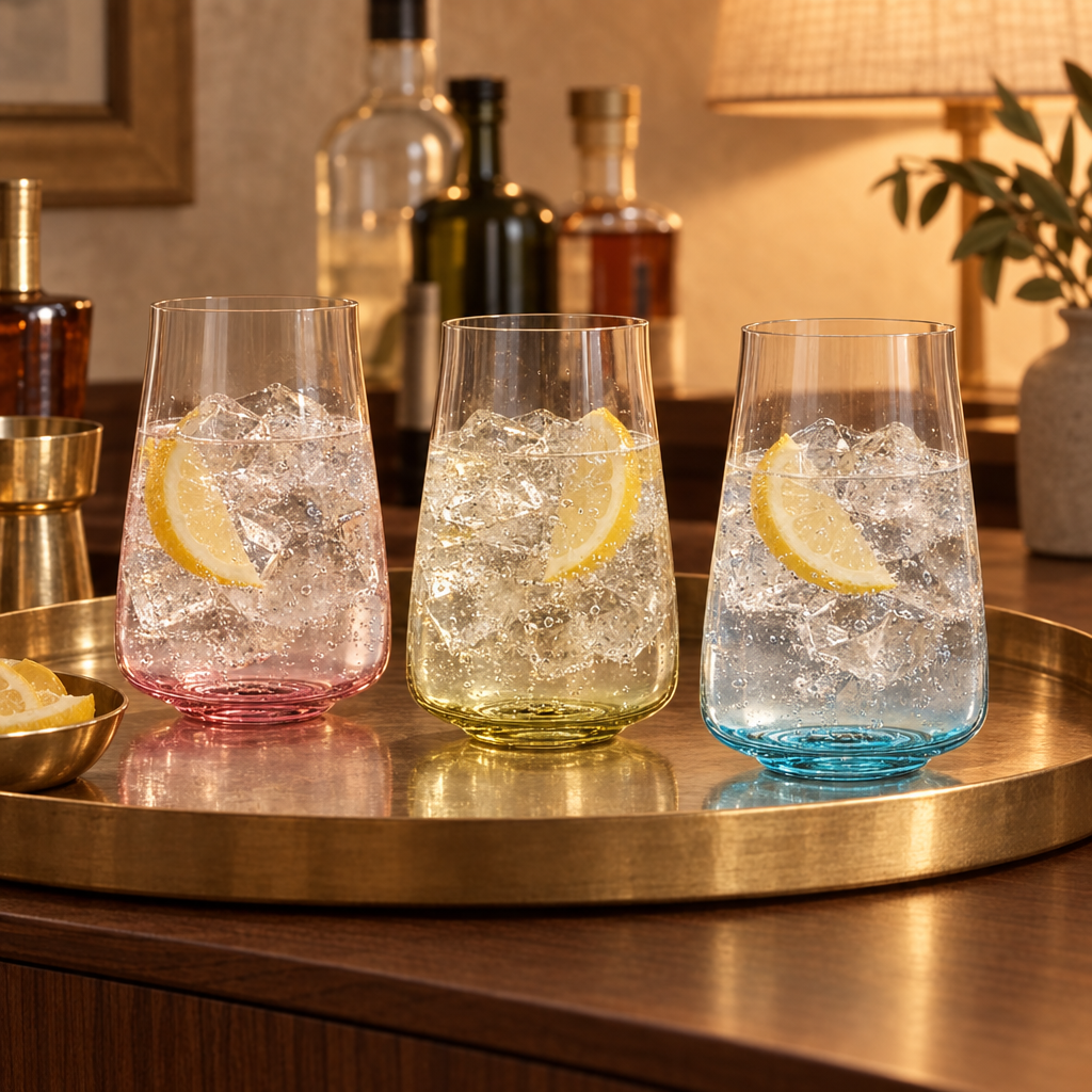 Three Poppy highball glasses of gin and tonic on a brass tray at a home bar