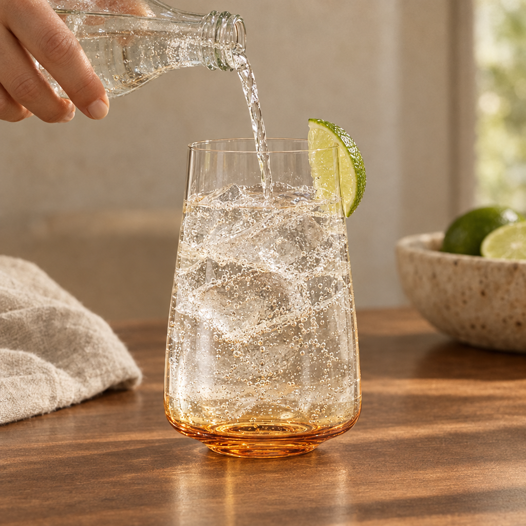 Tonic poured into a Sienna Poppy highball glass with ice and lime