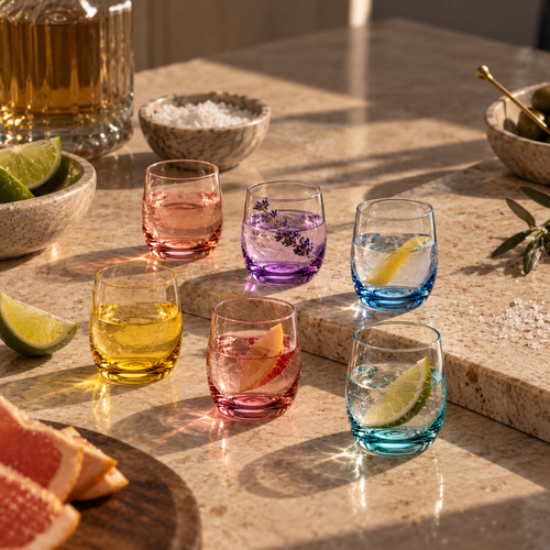 Six Iris crystal shot glasses in six tints with drinks on a sunlit stone counter