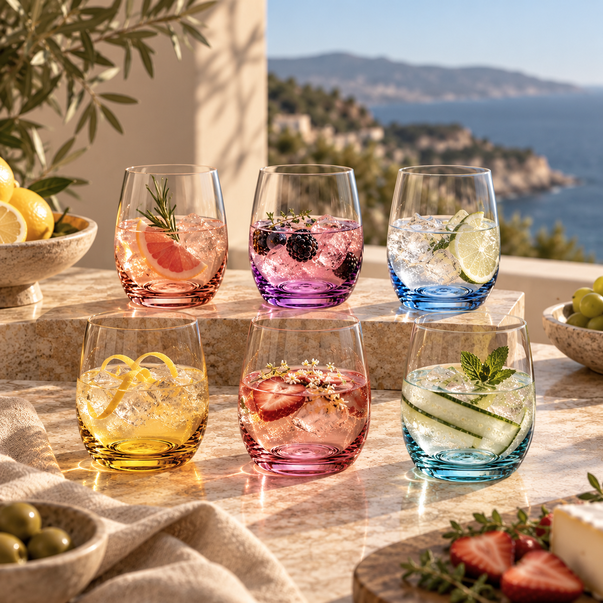 Six Iris stemless crystal wine glasses in six tints with cocktails on a sunny coastal terrace