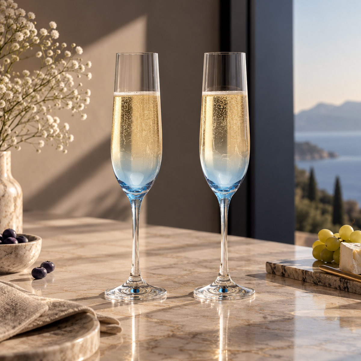 Two Lume reeded crystal champagne flutes in Delft blue by a sea-view window