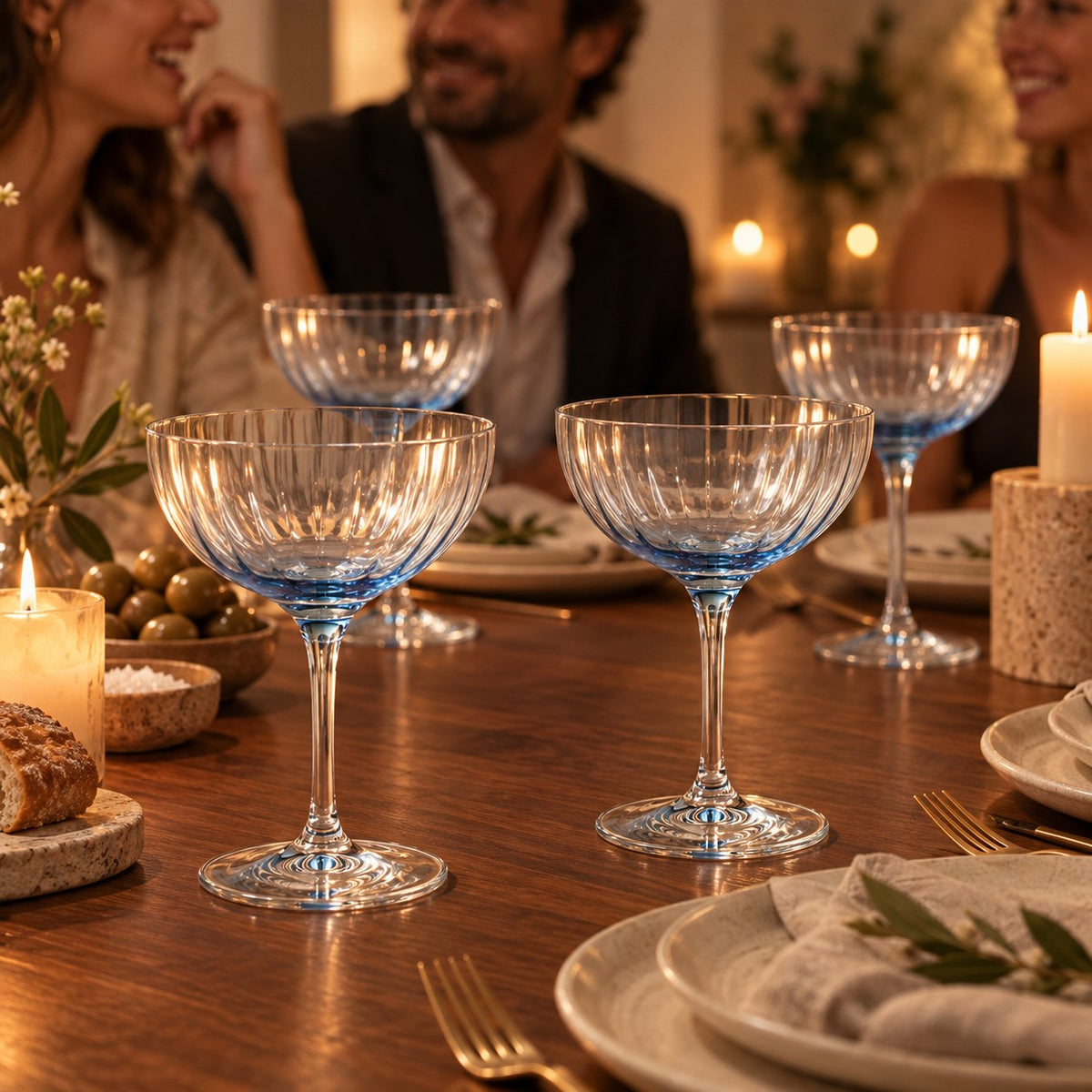 Lume Delft reeded coupes at a candlelit dinner for four