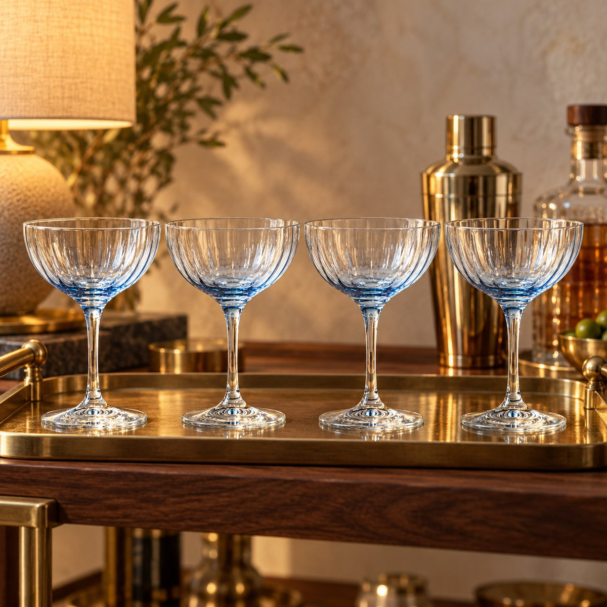 Lume Delft reeded coupes on a home bar cart tray