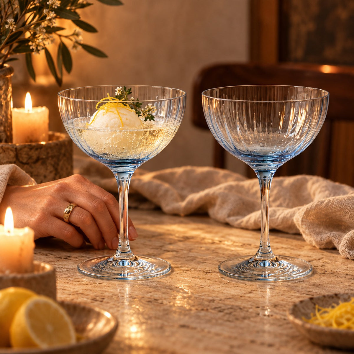 Lume Delft reeded coupes with sorbet and prosecco dessert