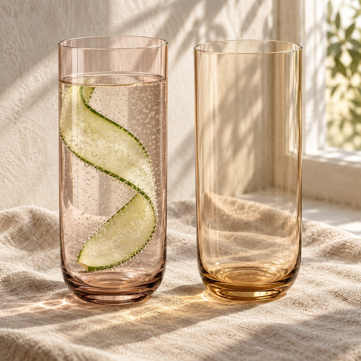 Marver Alabaster and Ochre highball glasses in window light with sparkling water and cucumber