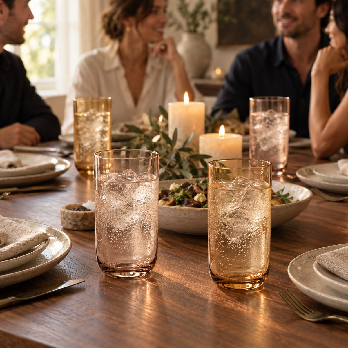 Marver Alabaster and Ochre highball glasses at dinner for four