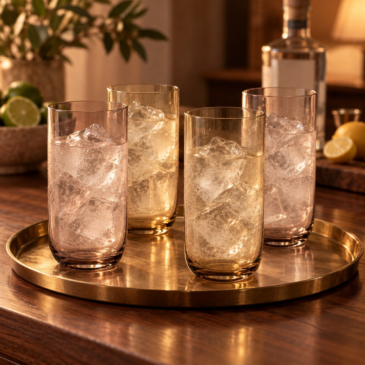 Marver Alabaster and Ochre highball glasses filled with ice on a home bar tray