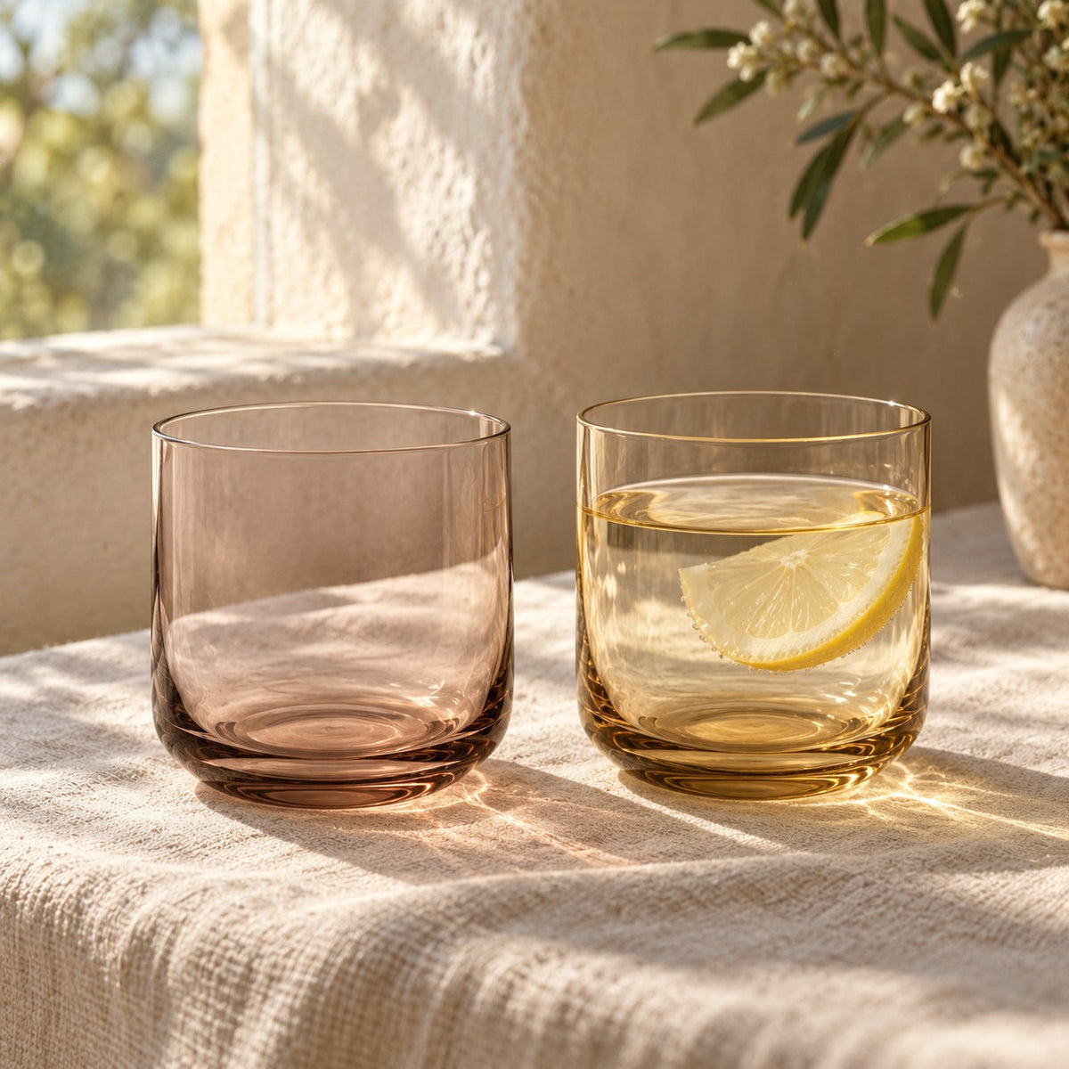 Marver Alabaster and Ochre old fashioned glasses in window light with water and lemon