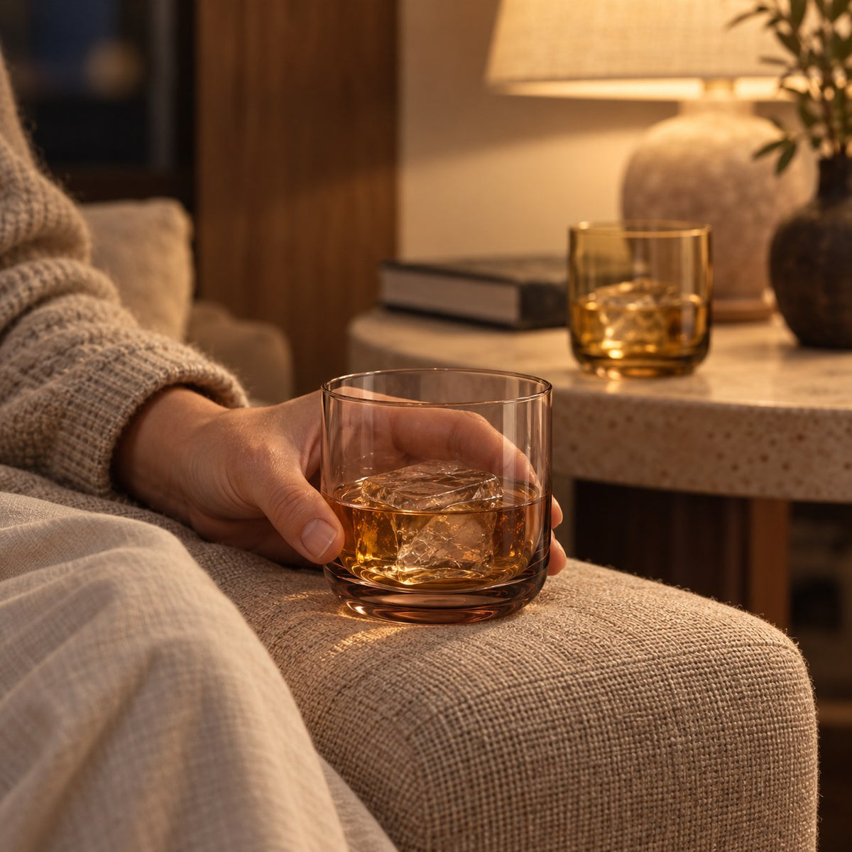 Marver Alabaster and Ochre old fashioned glasses with evening whisky on the sofa