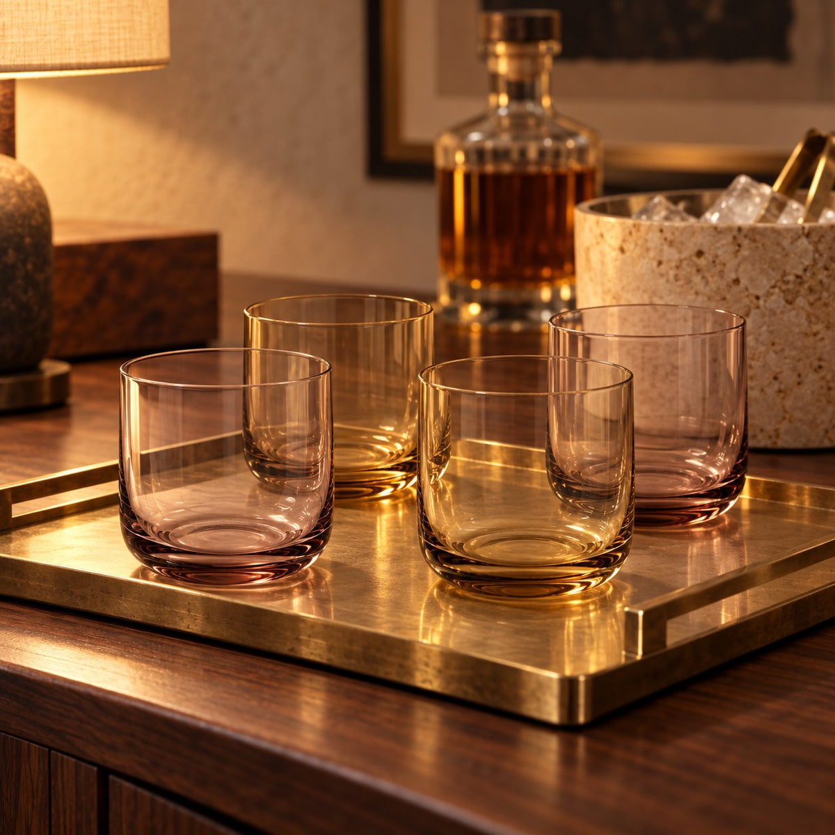 Marver Alabaster and Ochre old fashioned glasses on a home bar tray