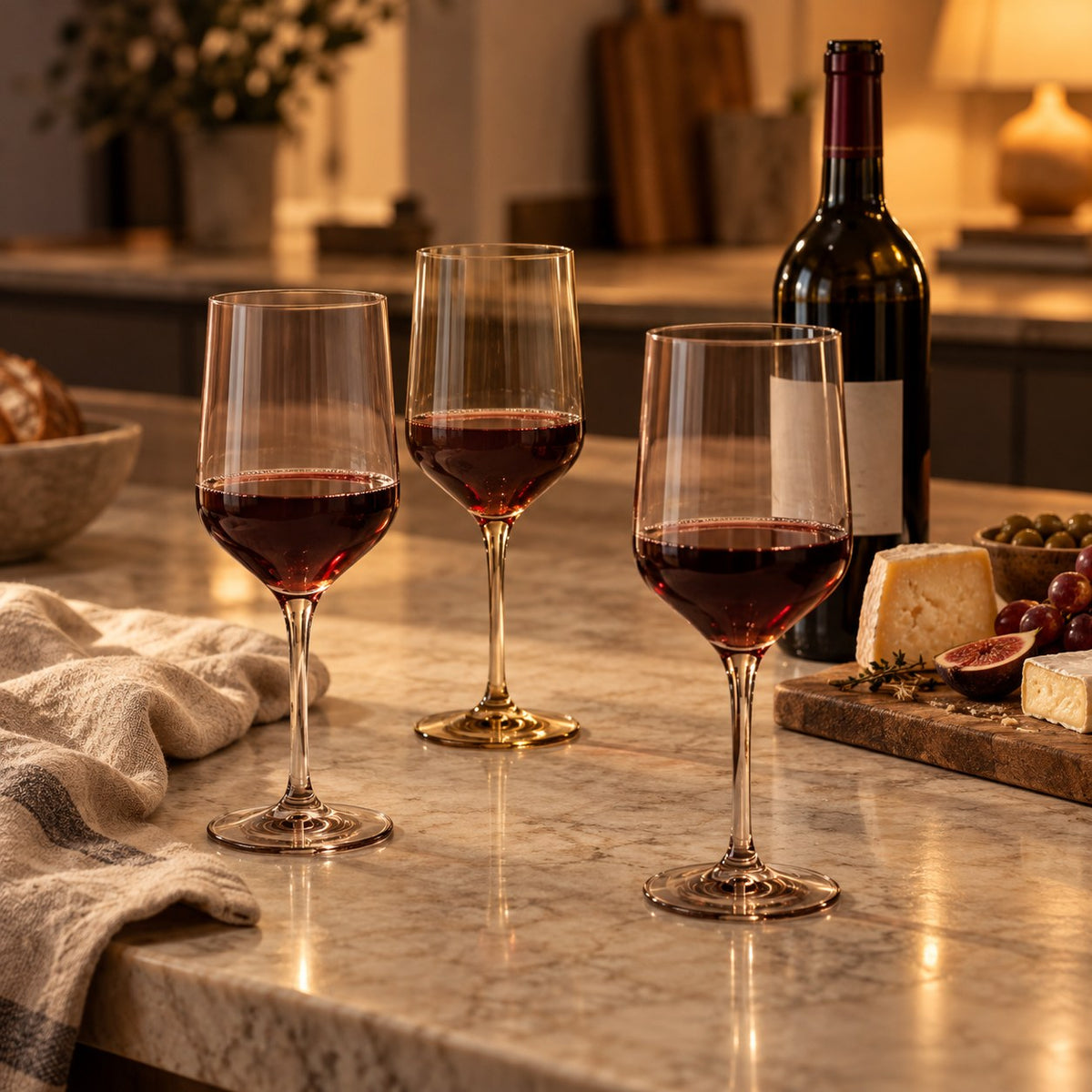 Marver Alabaster and Ochre wine glasses on a kitchen island before guests arrive