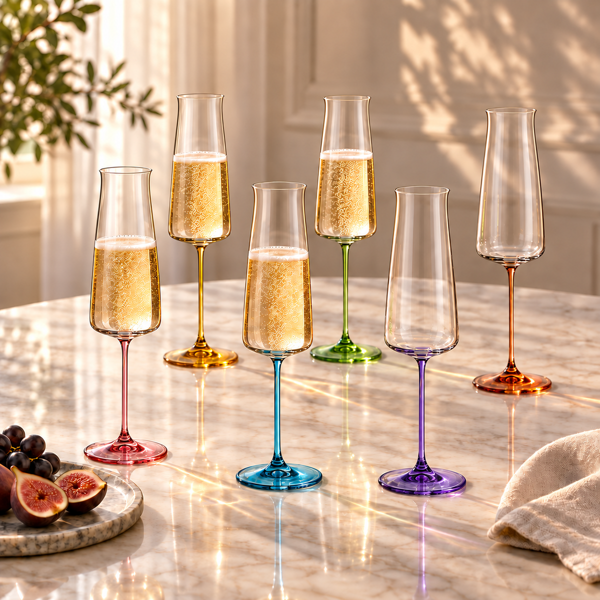 Poppy handblown crystal champagne flutes, set of six tints