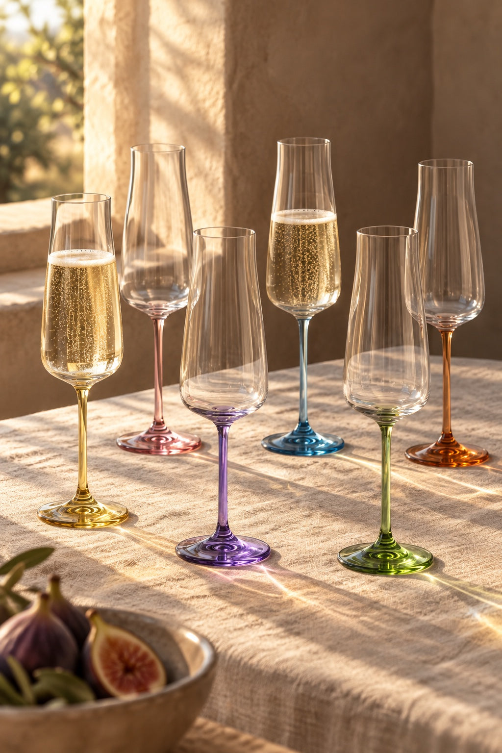 Six Poppy champagne flutes with coloured stems on a linen tablecloth in late-afternoon window light