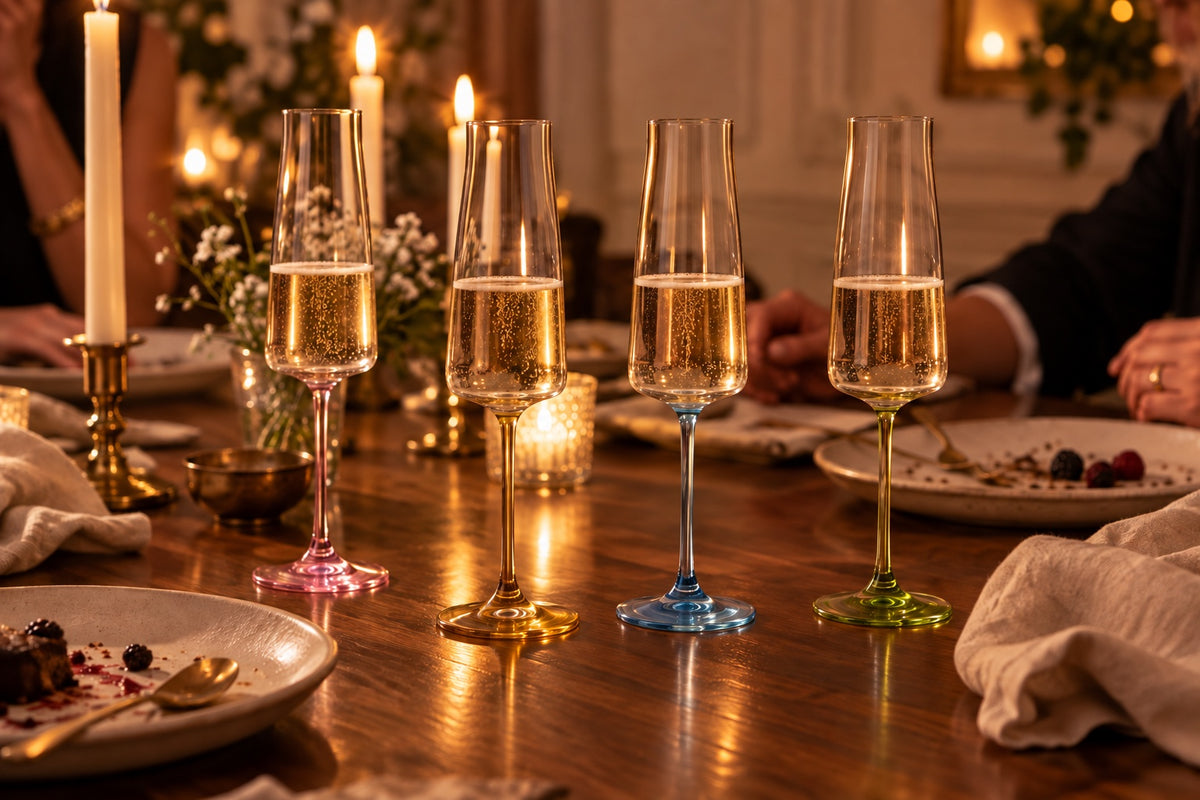 Four Poppy champagne flutes filled with champagne on a candlelit dinner table