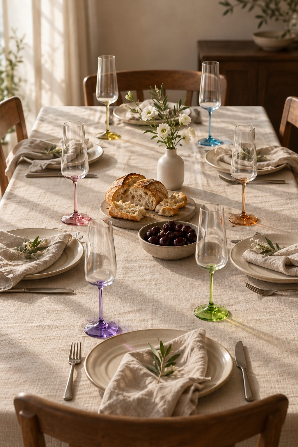 Table laid for six with one Poppy champagne flute in each tint at every place