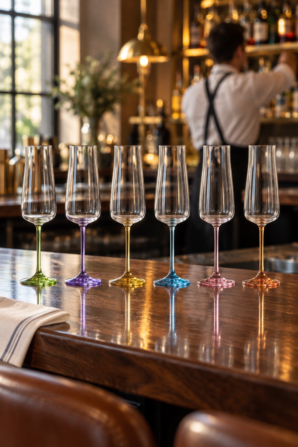 Six Poppy champagne flutes lined up on a walnut bar counter