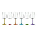Six Poppy crystal wine glasses with clear bowls and six coloured stems
