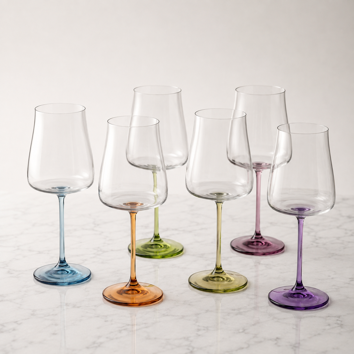 Six Poppy crystal wine glasses with clear bowls and blue, amber, green, olive, rose and violet stems