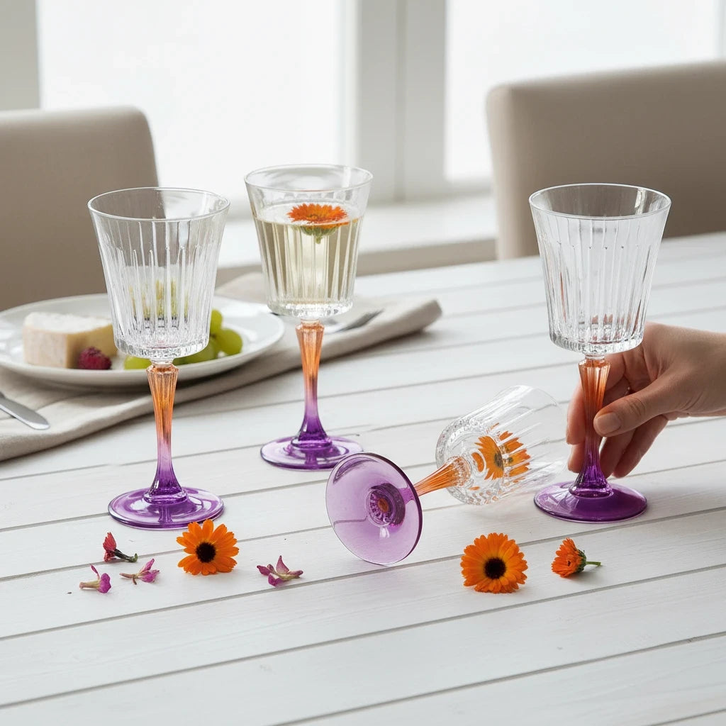 Tint & Form Vesper crystal wine glasses with clear vertical-cut bowls and gold-to-cobalt gradient stems on a table.