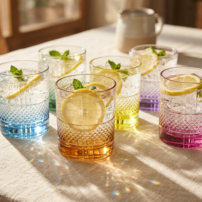 Facet crystal tumblers with tinted bases holding sparkling water, lemon and mint on a sunny table