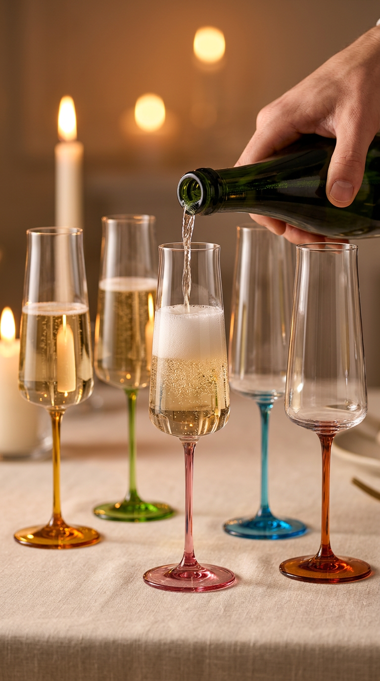 Champagne poured into Poppy crystal flutes with amber, green, blue and rose stems by candlelight